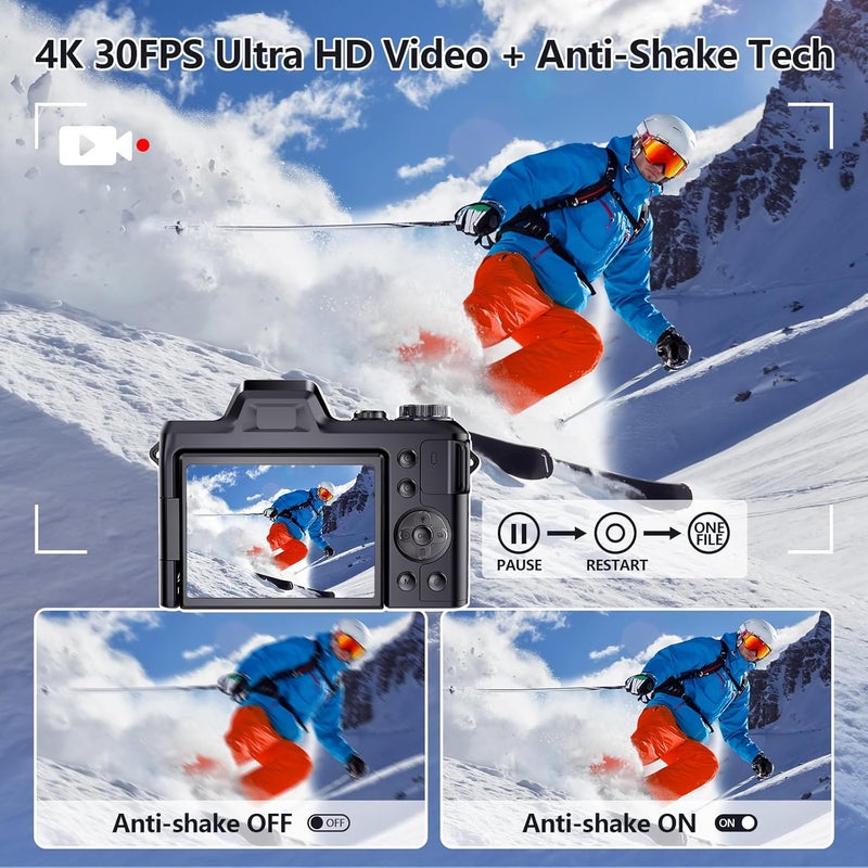 Kasukani كاميرا رقمية 4K للتصوير والفلوغينغ، كاميرات رقمية 56MP بنقطة وإطلاق مع شاشة قابلة للطي بزاوية 180°، كاميرا سفر مدمجة 16X زوم، كاميرا محمولة للبالغين والمبتدئين مع بطاقة SD سعة 32GB - Image 3